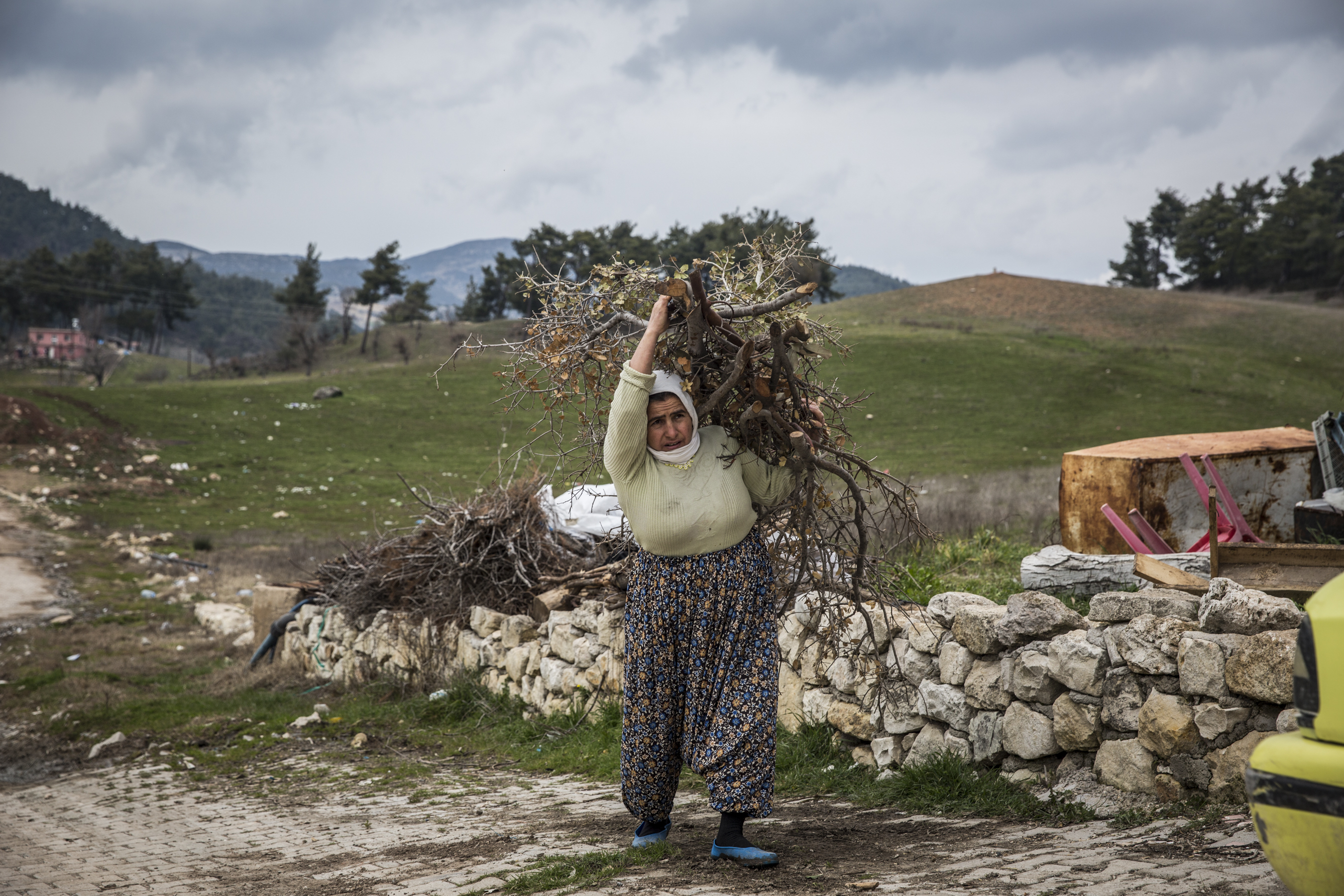 Woman carries firewood