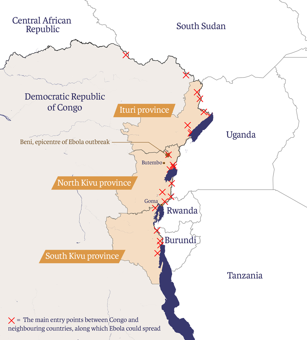 Map showing border crossings of Democratic Republic of Congo where Ebola can spread