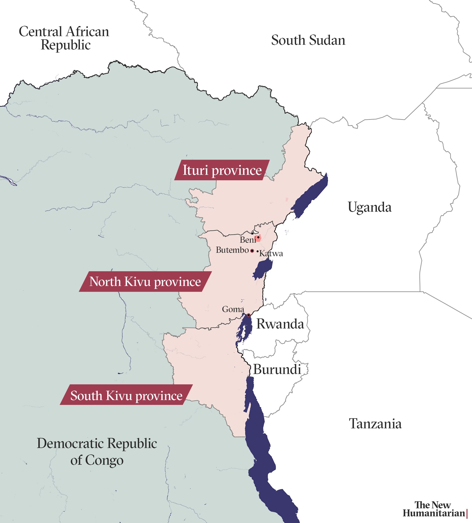 Map of northeastern Democratic Republic of Congo showing Butembo, Beni, North Kivu, and Ituri