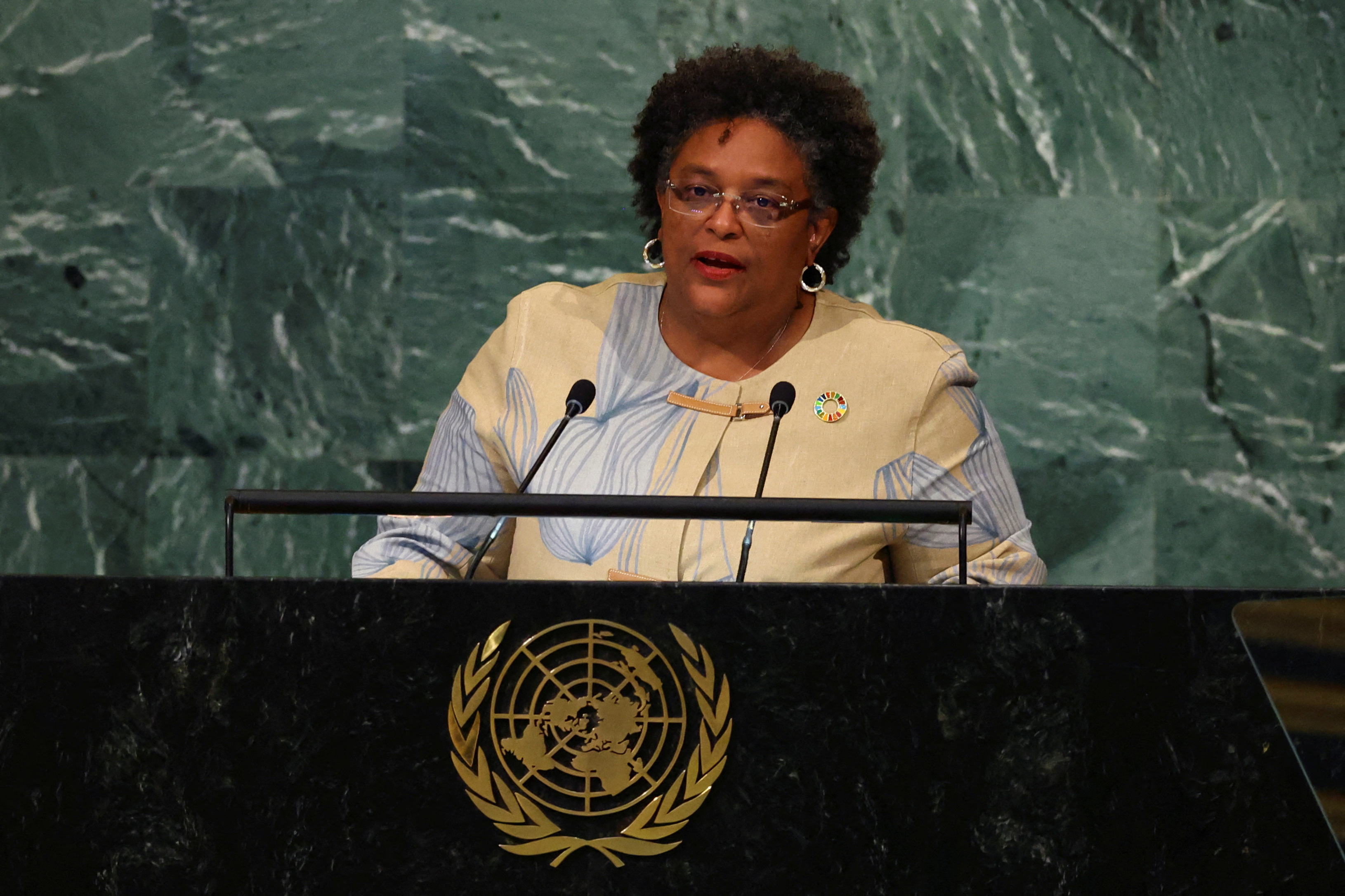 Prime Minister of Barbados Mia Mottley addresses the 77th Session of the United Nations General Assembly at U.N. Headquarters in New York City. 22 September 2022