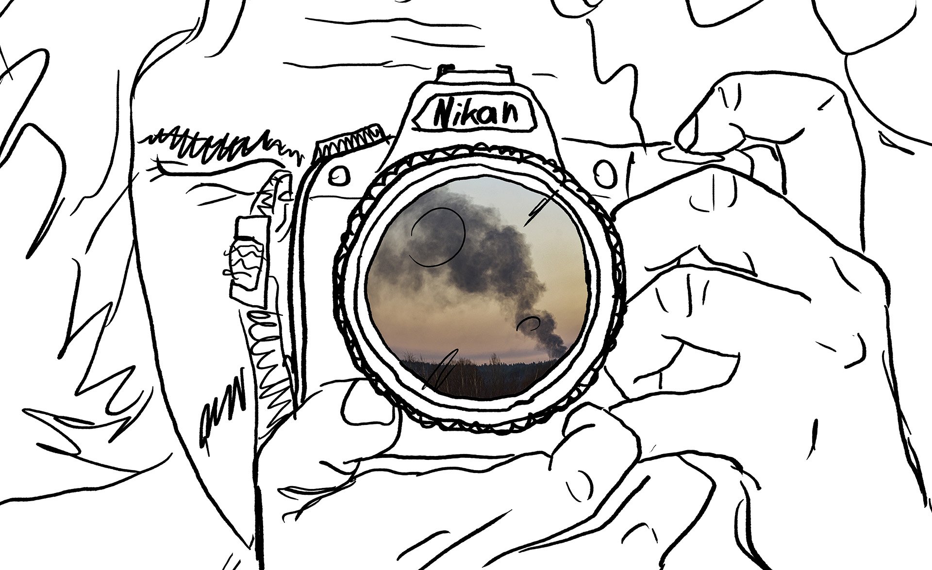 An illustration of a person looking through a camera and in the lens is a photograph of smoke rising