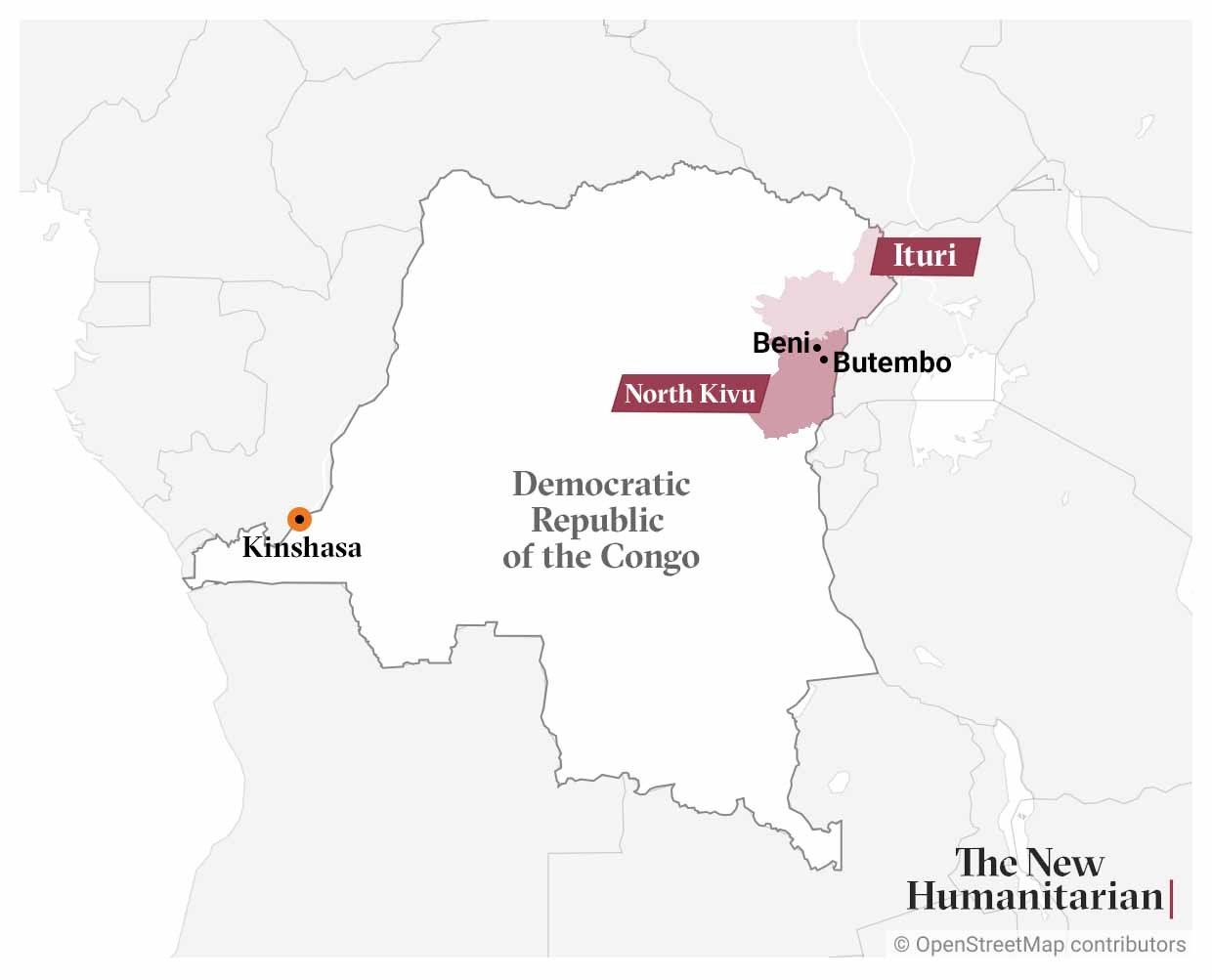 Graphic map of the Democratic Republic of the Congo. The provinces of Ituri and North Kivu are highlighted. The capital city of Kinshasa along with the cities of Beni and Butembo are pointed out.