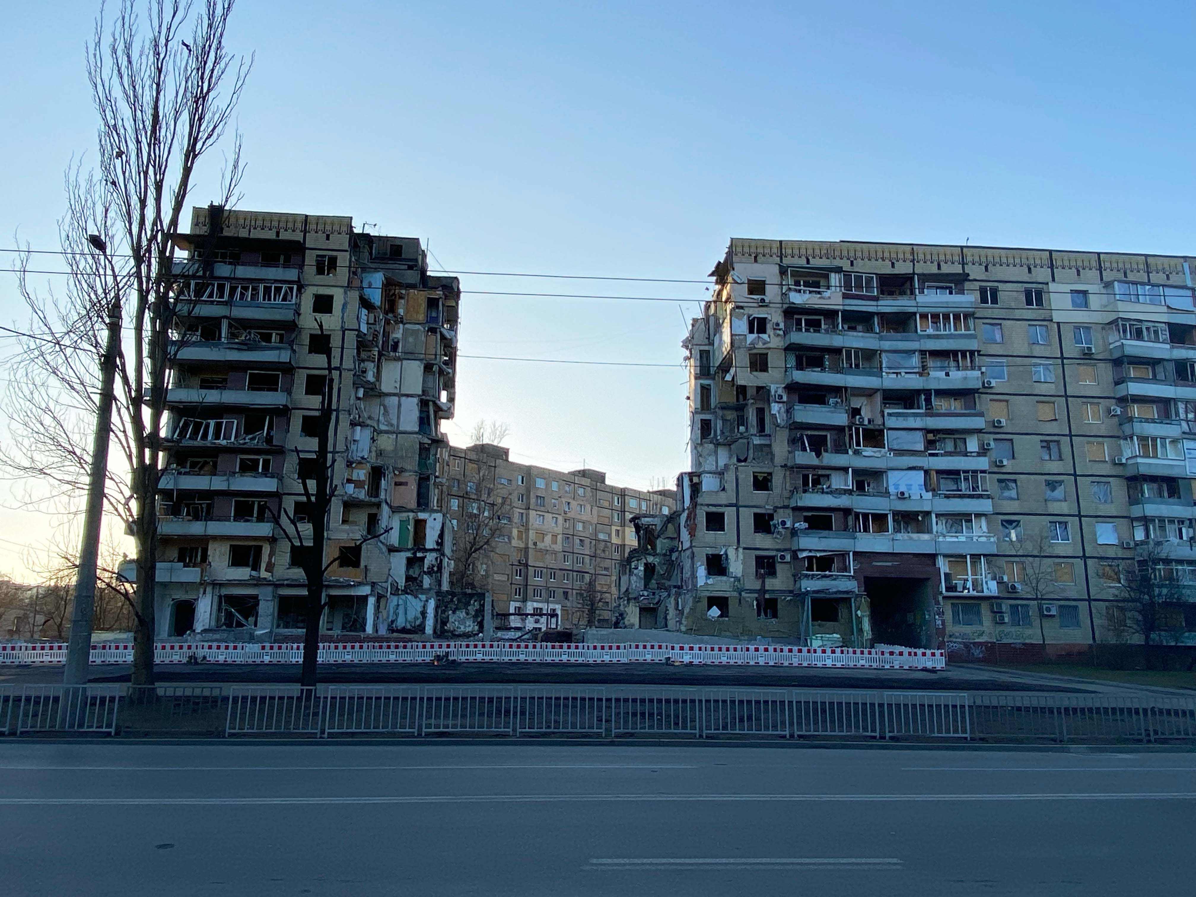 The picture shows a detroyed residential building in the central Ukrainian city of Dnipro that was hit by a missile strike on 14 January 2023, killing 46 people.