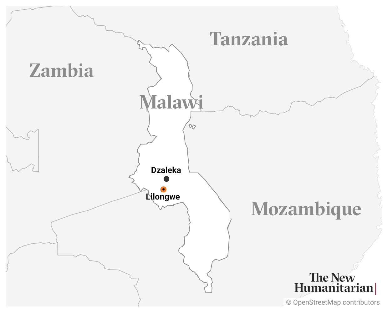 Map of Malawi with locator points in Dzaleka Refugee Camp and also Lilongo, the capital of Malawi.