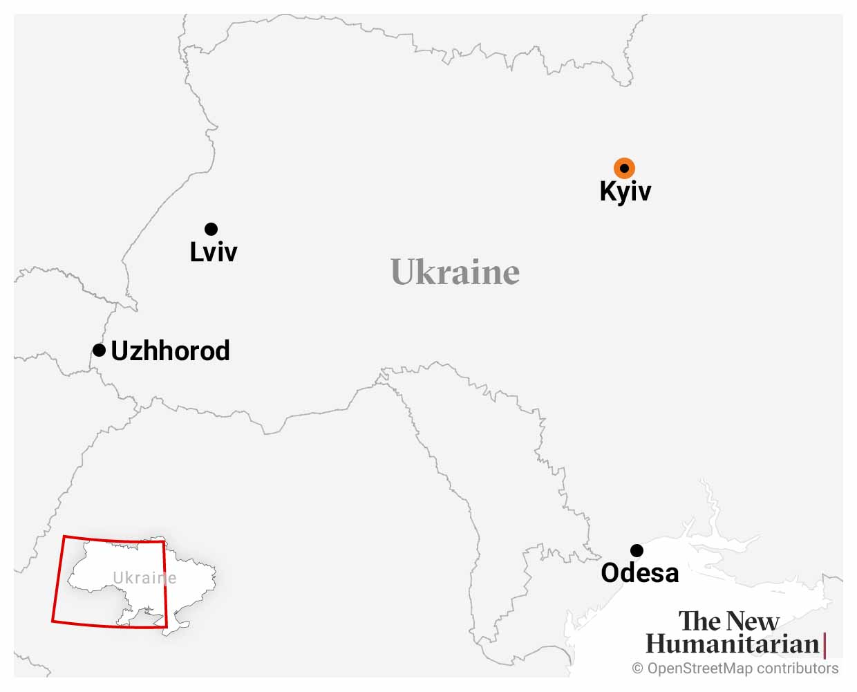 Map of Ukraine with a locater dot on the city of Uzhhorod, Odesa, Lviv and Kyiv