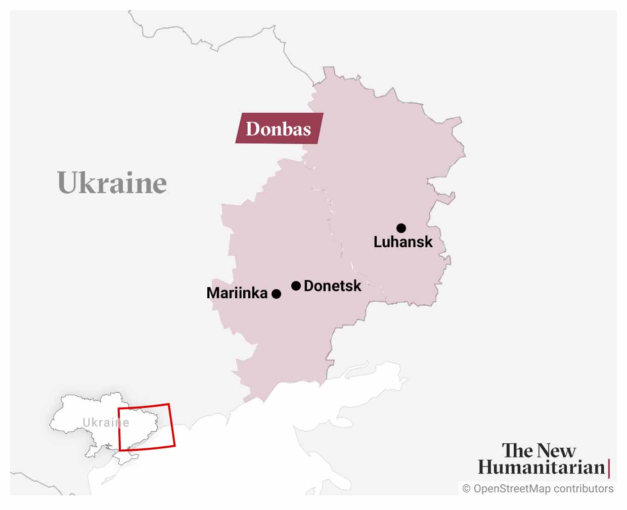 Map focused on the east of Ukraine. The Donbas region is highlighted in faded burgundy and there are locator dots in the cities of Donetsk, Luhansk and Mariinka.