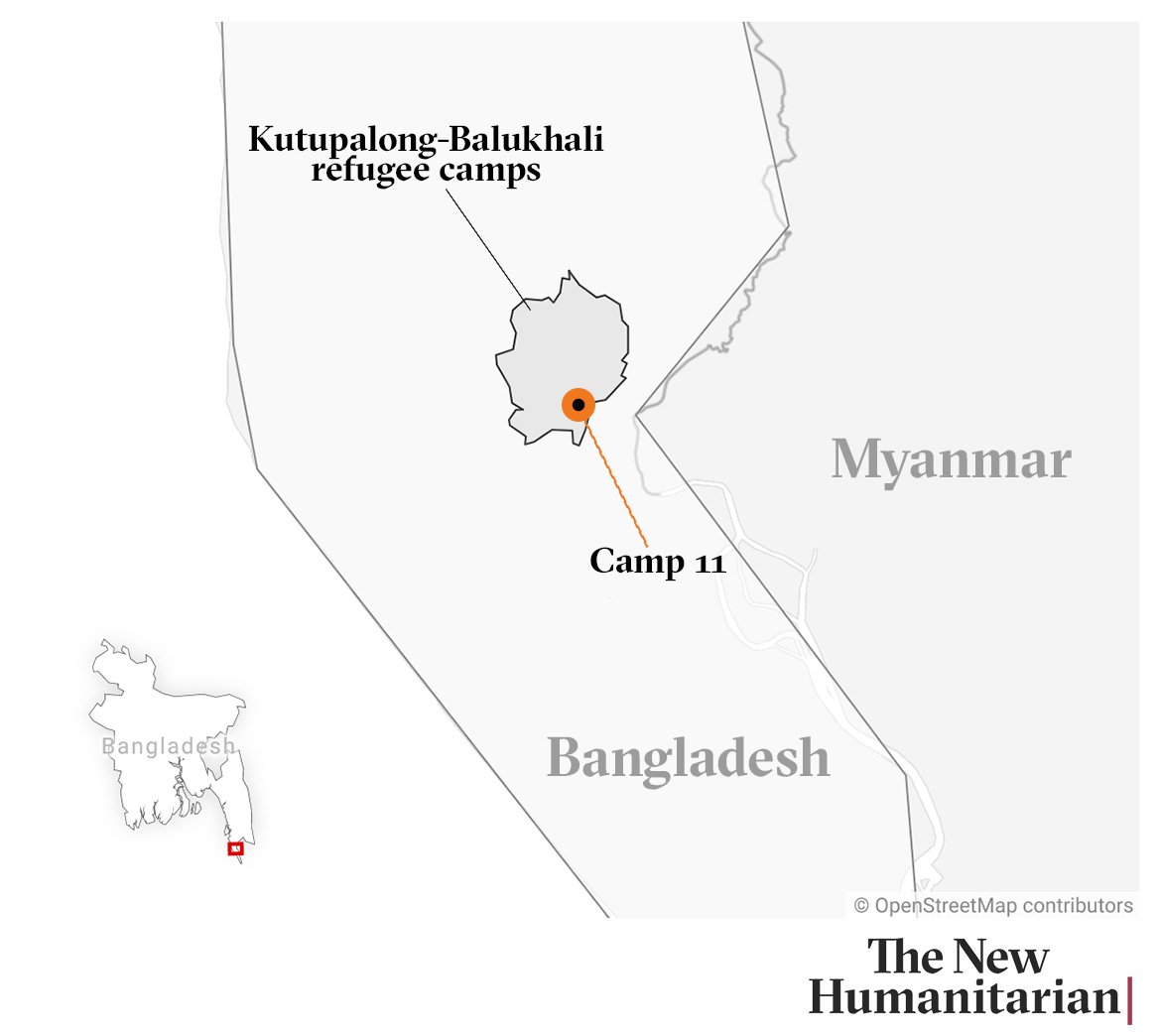 Map showing the Kutupalong-Balukhali refugee camp with an inset pointing at Camp 11 where the fire struck.