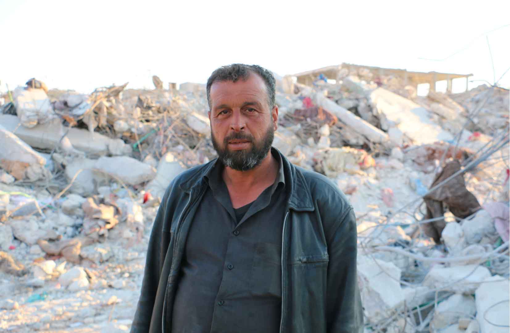 Mustafa Salih al-Khatib, 45, in front of his home, which was destroyed in the earthquakes on 6 February, in the town of Jindires in rebel-held northwest Syria.