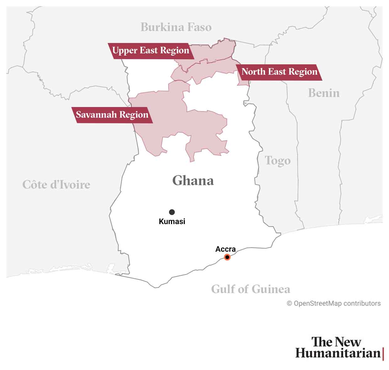 Map of Ghana with locator dots in Accra and Kumasi. Also highlighted are the Upper East, Savannah and the North East Region.