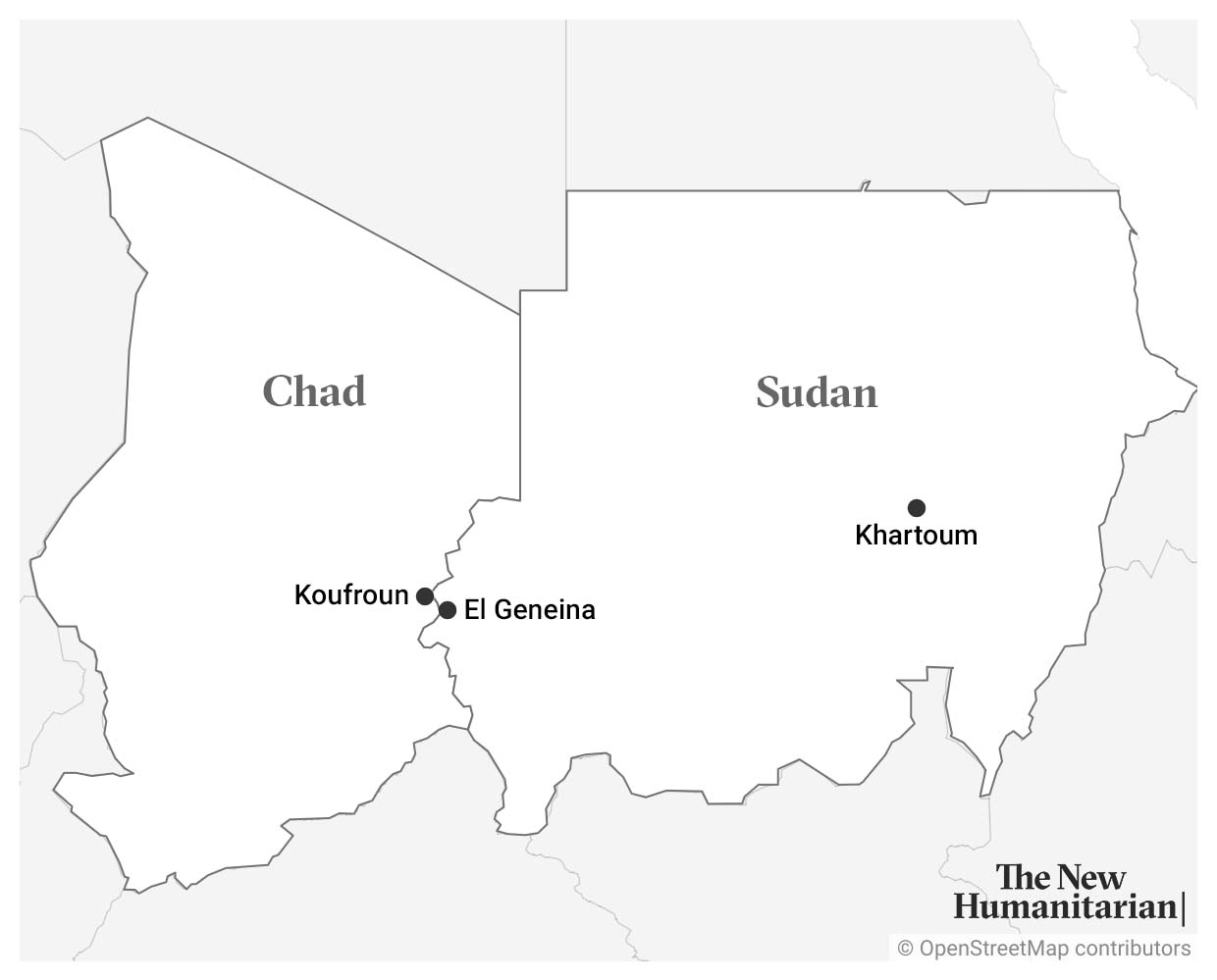 A map showing both countries of Sudan and Chad. There are locator dots in Khartoum, EL Geneina and Koufroun.