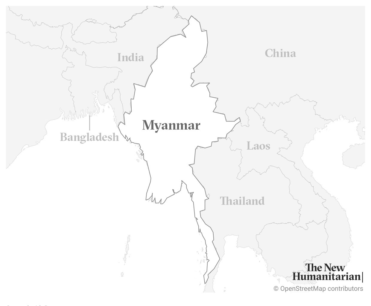 A map of Myanmar and all its neighbouring countries. The map is in different tones of gray. Myanmar is highlighted in white. Labelled are India, China, Laos, and Bangladesh.