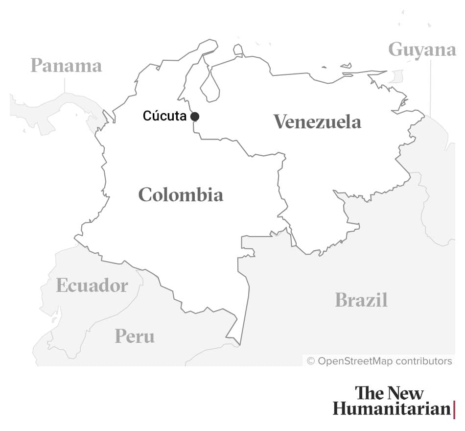 A map showing Venezuela and Colombia with a locator dot on the border city of Cúcuta.