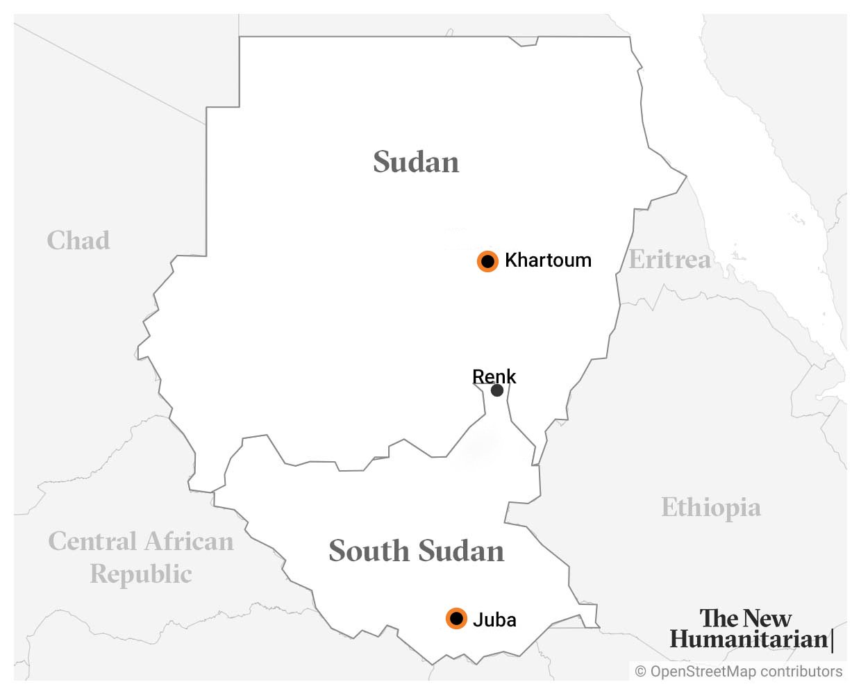 A map showing Sudan and South Sudan with Khartoum, Juba, and border town Renk.