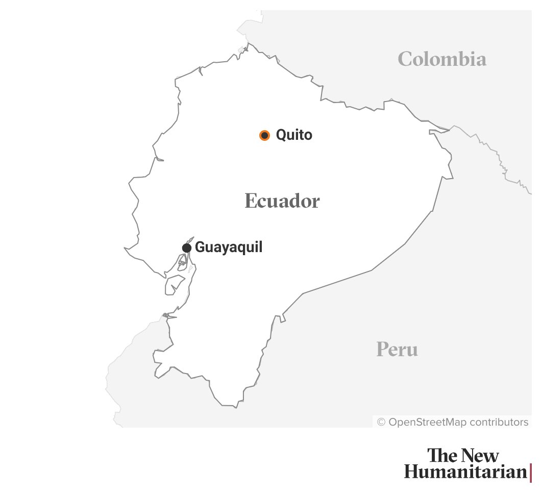 This is a map showing Ecuador. There's a locator dot in the capital, Quito, and Guayaquil, a coastal city in Ecuador.