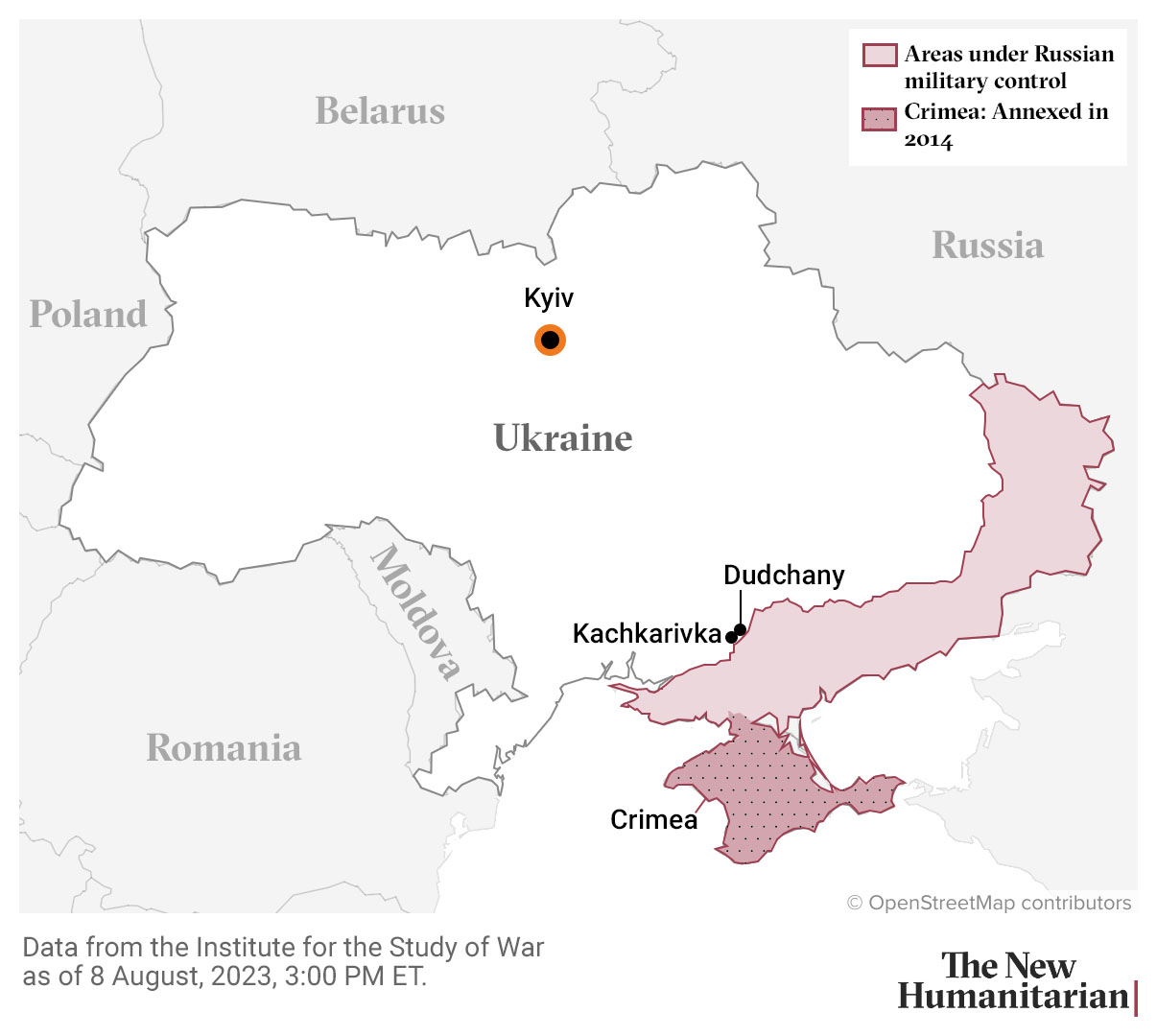 This is a map of Ukraine that highlights the location of two towns that are in southwestern Ukraine: Kachkarivka and Dudchany. There's also a locator dot in the capital city, Kyiv. On the Eastern side of Ukraine, highlighted in burgundy red are the regions under Russian military control. Crimea is shaded as well with black dots and red background. On the top left of the map is a legend box describing these two shades.