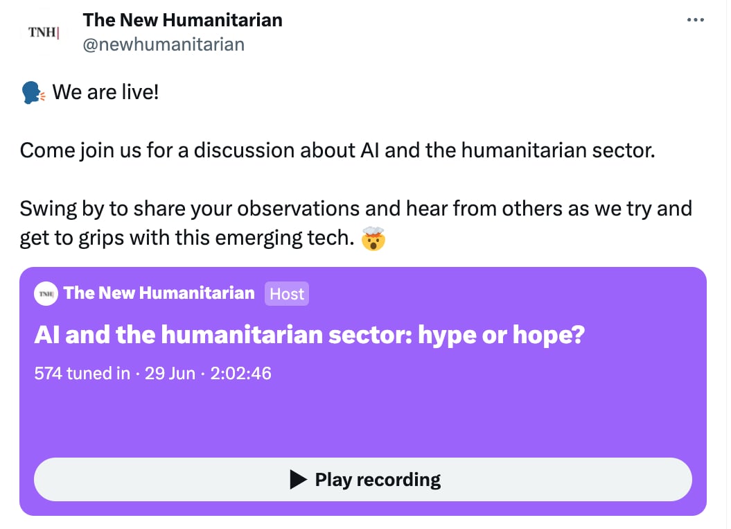 Come join us for a discussion about AI and the humanitarian sector.