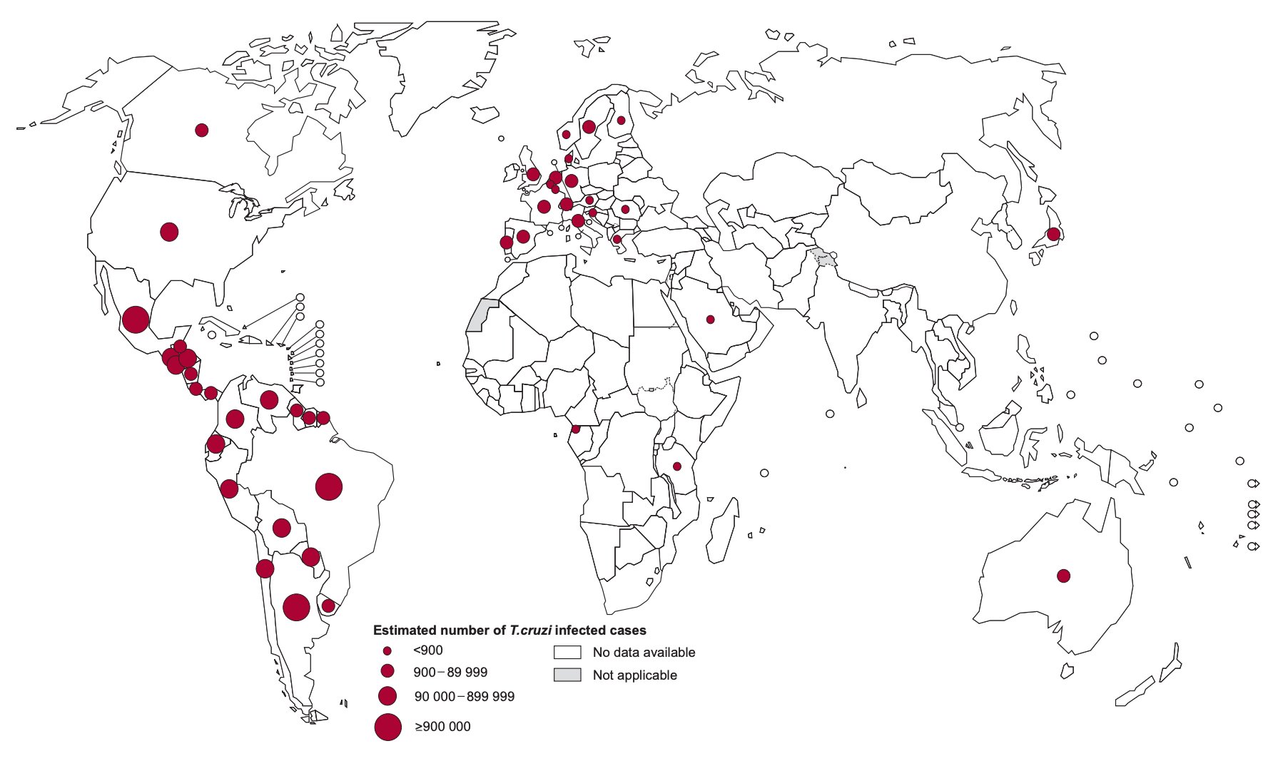 Global distribution of cases of Chagas disease, based on official estimates, 2018.