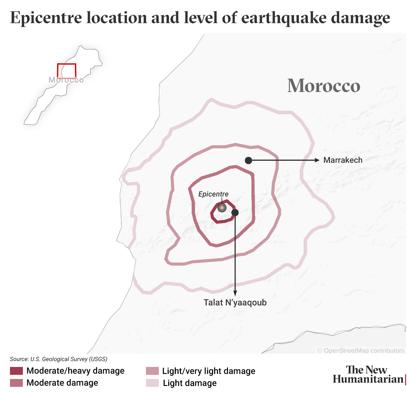 This map shows the area in which an earthquake struck Morocco on September 2023. It shows the city of Marrakech, Amizmiz and the epicentre of the quake.