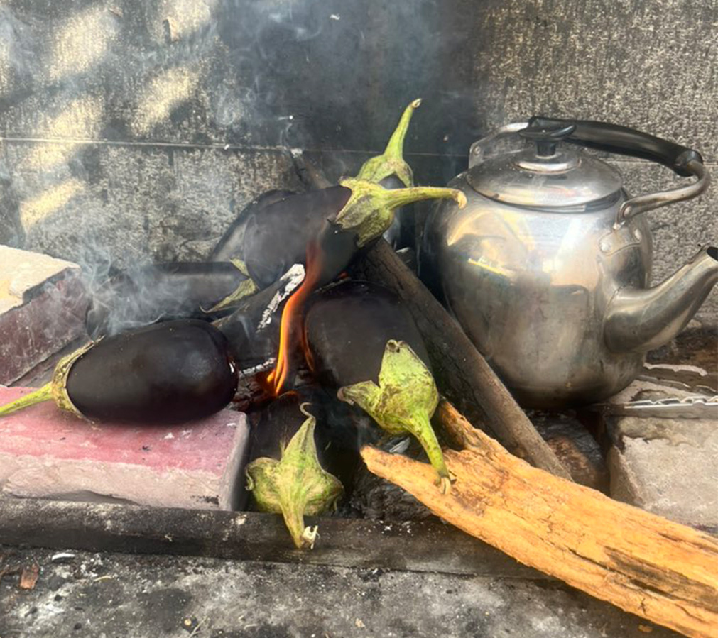 This picture shows a makeshift fire. On it is a kettle and four eggplants that are being cooked.