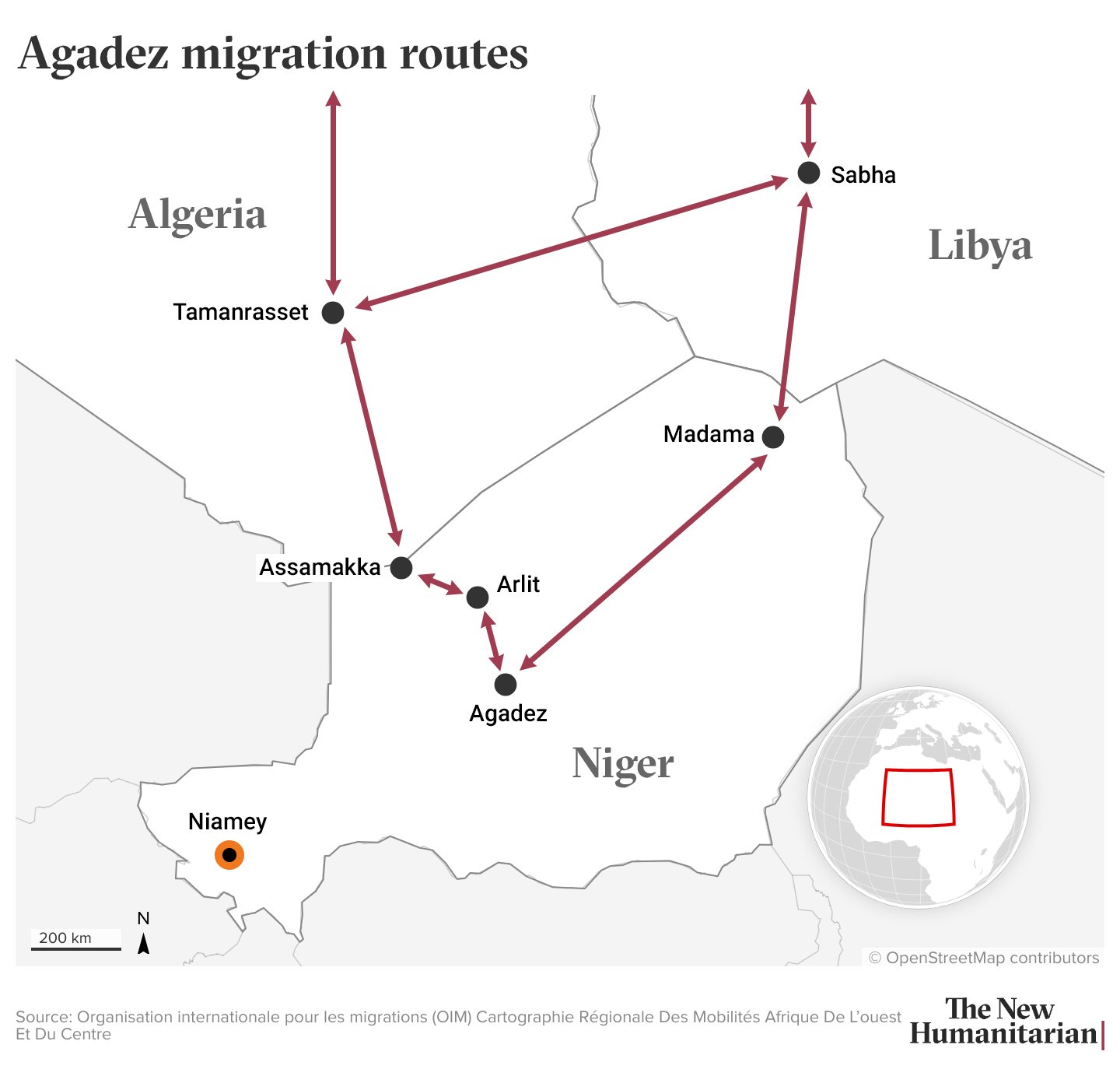 This map, titled, ‘Agadez migration routes’ shows migration routes from Agadez in Niger towards southern Libya and Algeria. Niger's capital Niamey is shown with a locator dots. Agadez is connected with arrows to  Arlit, Madama, Assamakka, as well as Sabha, in Libya and Tamanrasset in Algeria.