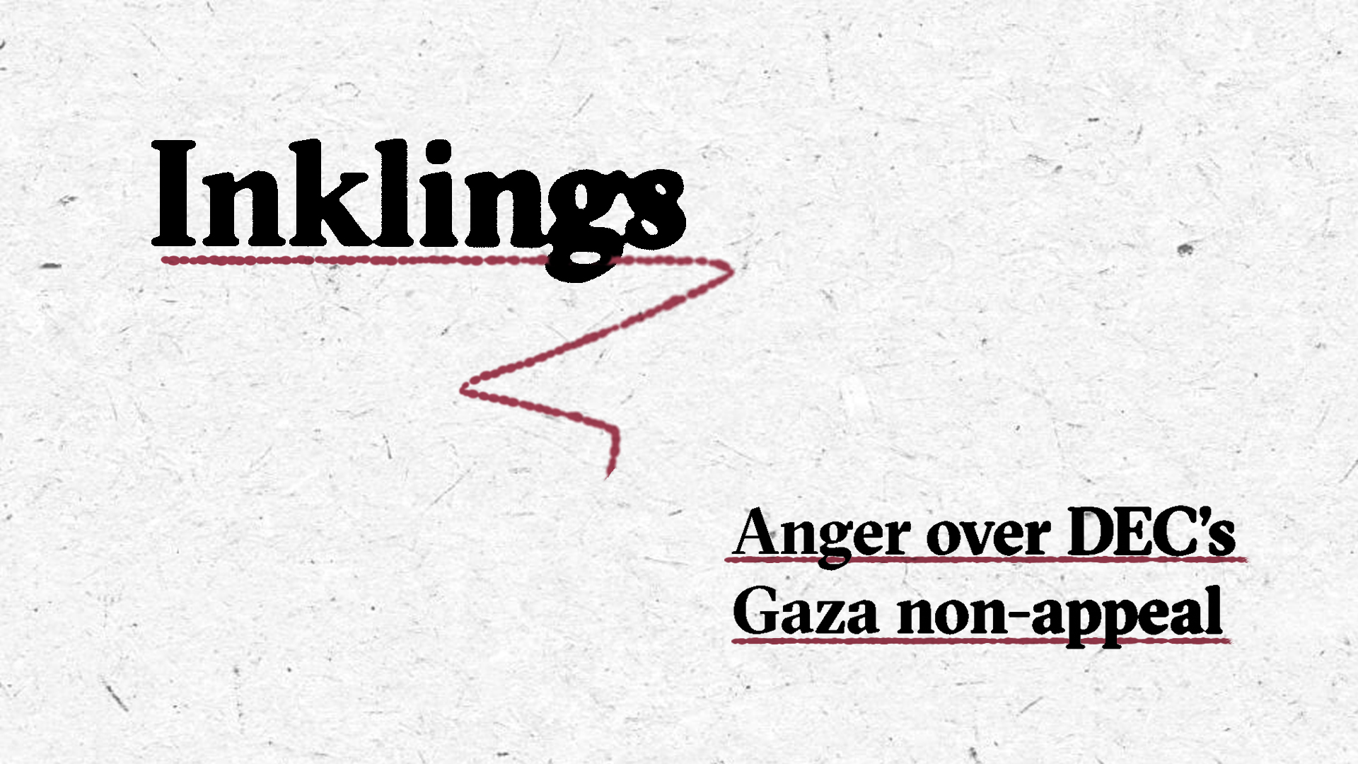 The header image for the Inkling's newsletter entry of 5 September, 2024. On the top left you see Inklings written in a serif font with an ink bleed effect and underlined with a burgundy-coloured line. On the bottom right we see a list of the main topic: How aid works in Gaza (according to Gazans)