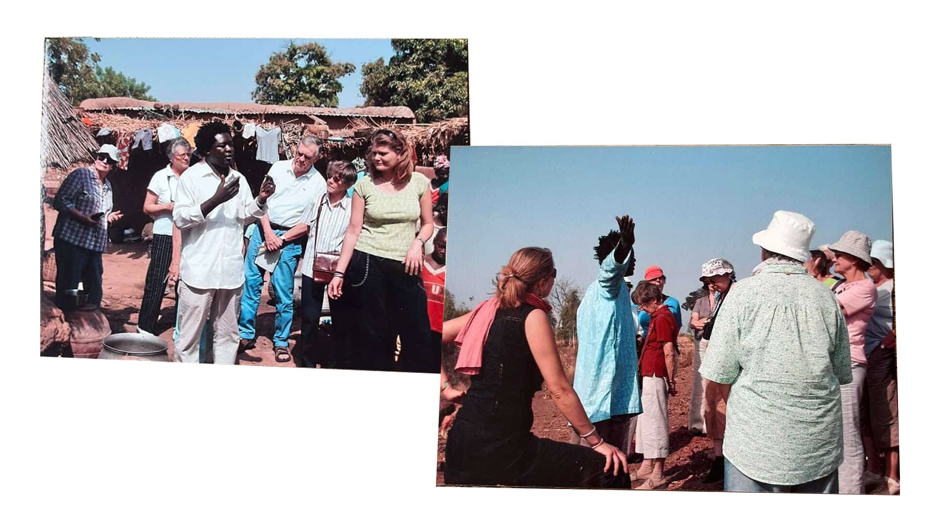 Two collage images of Mamadou in his youth, guiding groups of tourists around the Bandiagara region.
