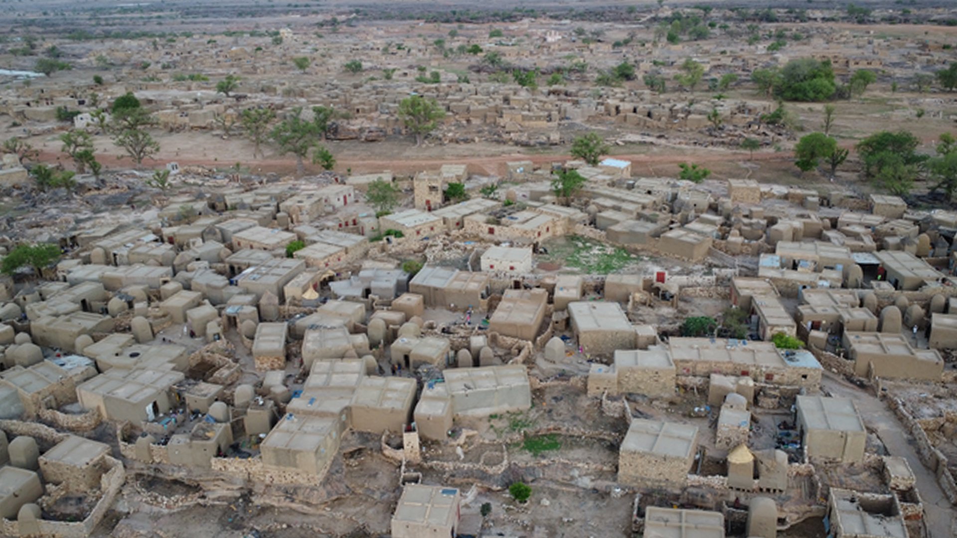 A bird's eye image of a Dogon village in the Bandiagara region.