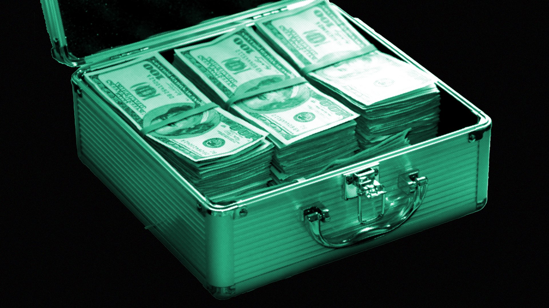 A metallic briefcase with a sturdy handle and reinforced edges is open, revealing stacks of U.S. $100 bills neatly arranged inside. The image has a green-tinted, high-contrast effect with a halftone pattern overlay, giving it a stylized, digital appearance. The background is dark, making the briefcase and money stand out prominently.