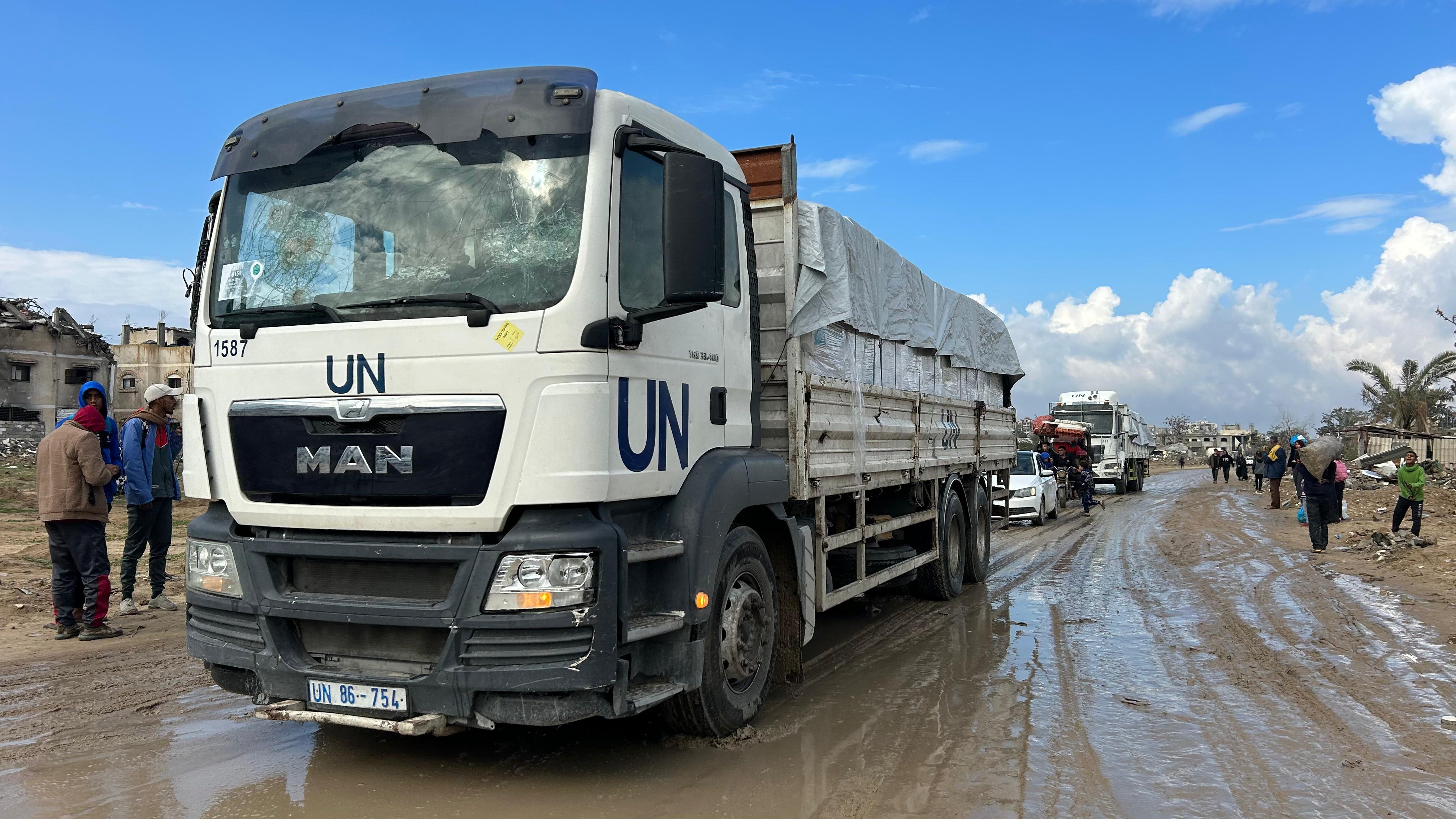 A photo of a UN aid truck on a dirt road in Gaza.