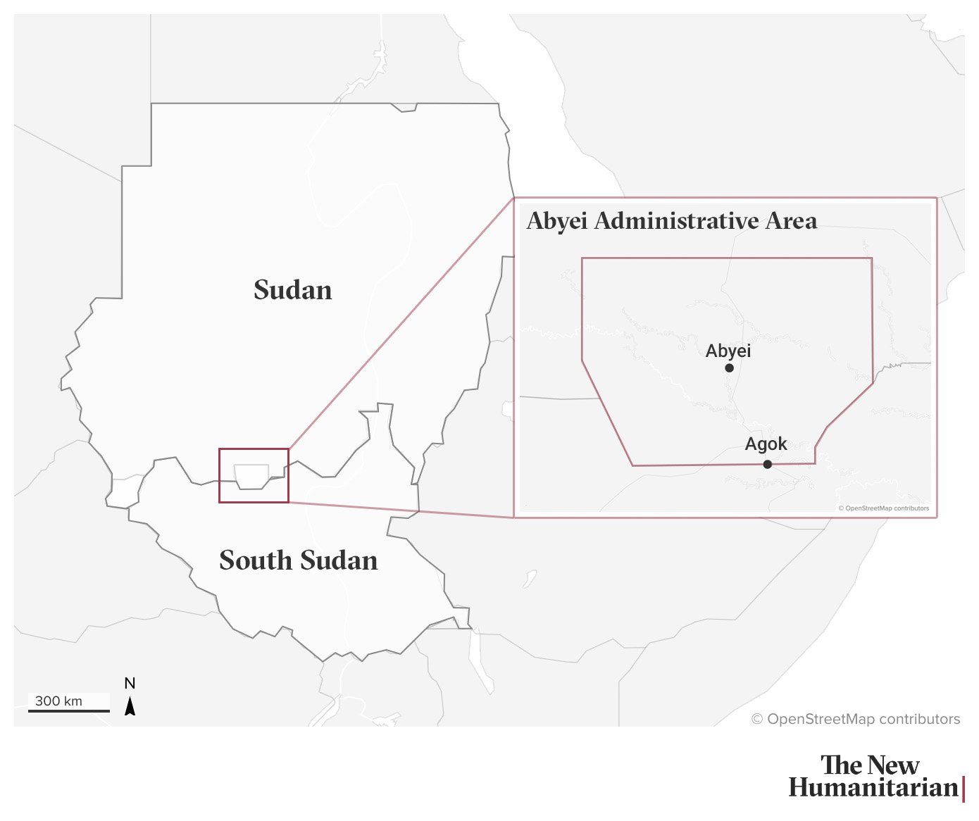 This map depicts the Abyei Administrative Area, a region between Sudan and South Sudan. The main map shows the borders of Sudan to the north and South Sudan to the south. Abyei is highlighted as a small area along the border between the two countries. A red inset box zooms in on the Abyei Administrative Area, showing its boundaries in greater detail. Within this area, two locations are marked: Abyei (toward the center) and Agok (farther south).