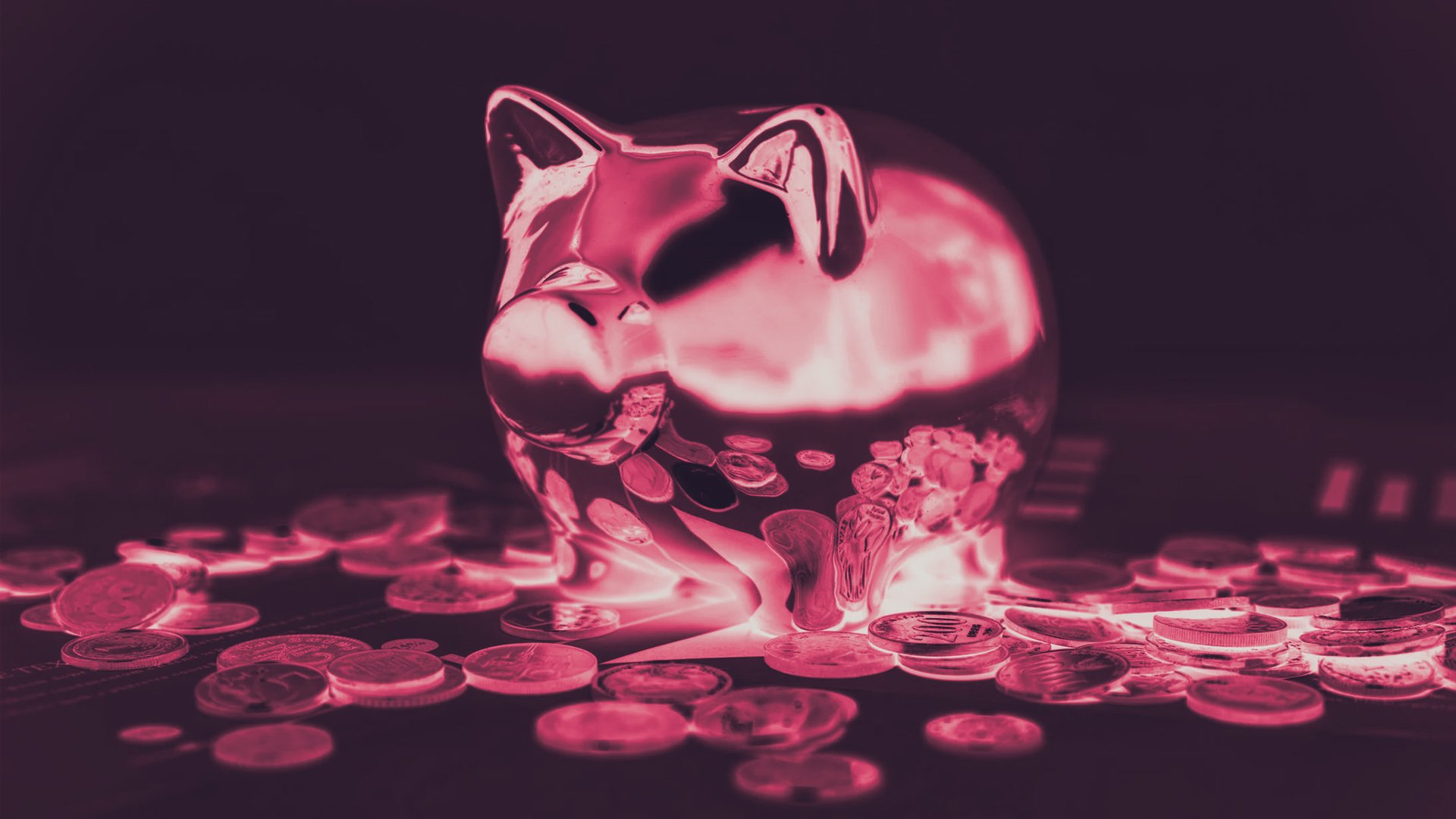 A pink chrome piggy bank graphic