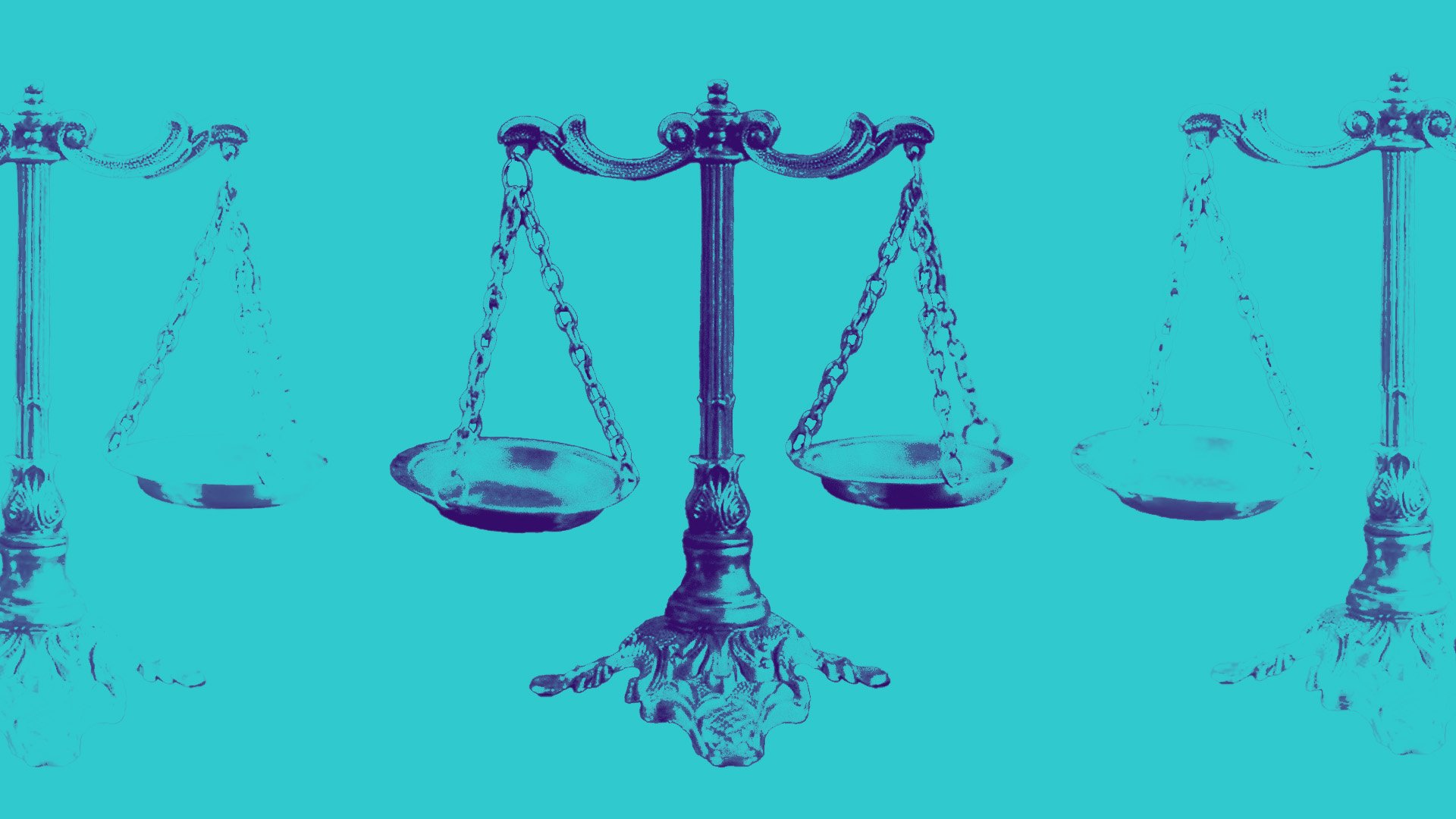 Stylised image of an ornate, antique balance scale centred against a bright turquoise background.  The same scale design is duplicated and partially visible on either side of the main image, creating a repeating visual pattern. The colour treatment is high-contrast, with deep blue and cyan tones.