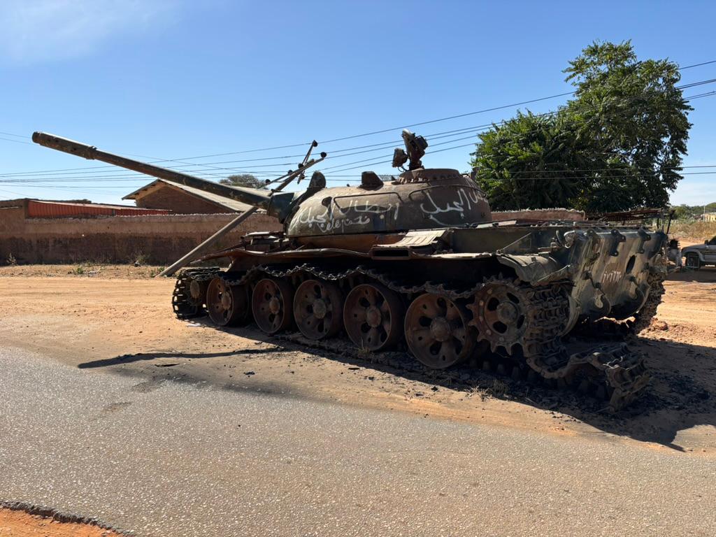 A tank photographed in the town of El Geneina. RSF and allied militias carried out mass atrocities against the areas's Massalit people last year.