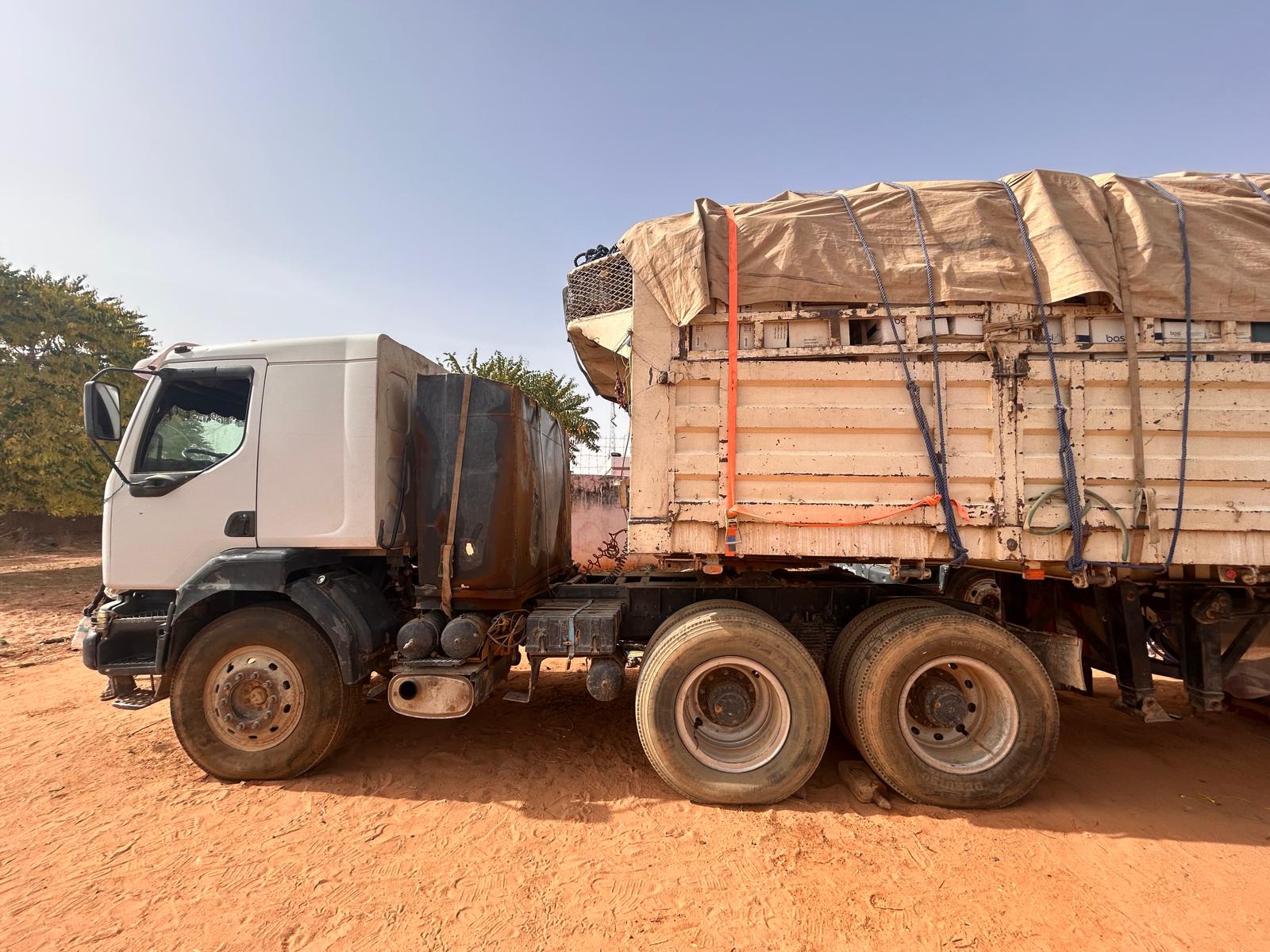 A stationary truck carrying relief supplies in Darfur. 