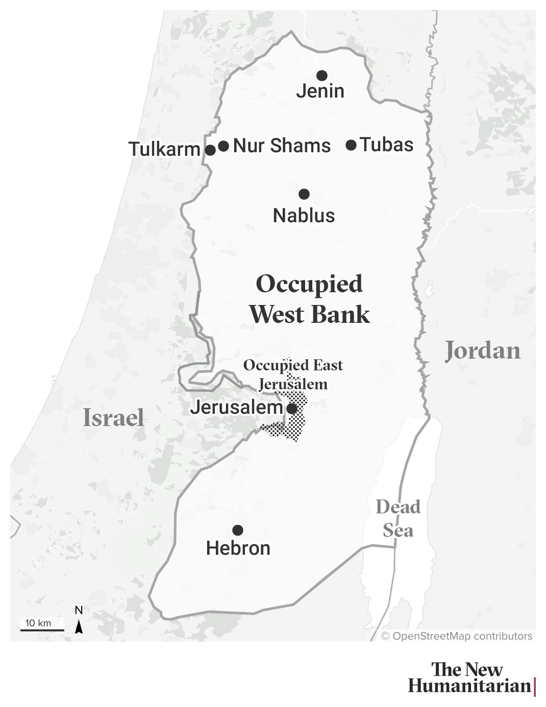 A map of the Occupied West Bank with locator dots on Jenin, Tubas, Nur Shams, Nablus, Tulkarm, Hebron and Jerusalem. The area of Occupied East Jerusalem is shaded in a half-tone pattern.