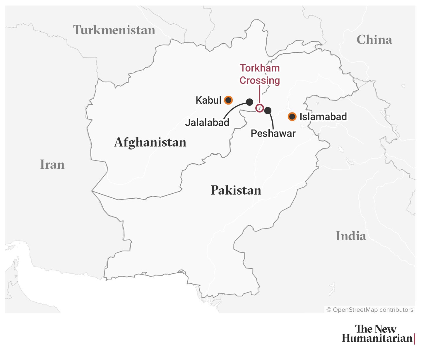 A map of Afghanistan and Pakistan with a circle in the Torkham Border Crossing, the capitals Kabul, Islamabad and the cities of Peshawar in Pakistan and Jalalabad in Afghanistan.