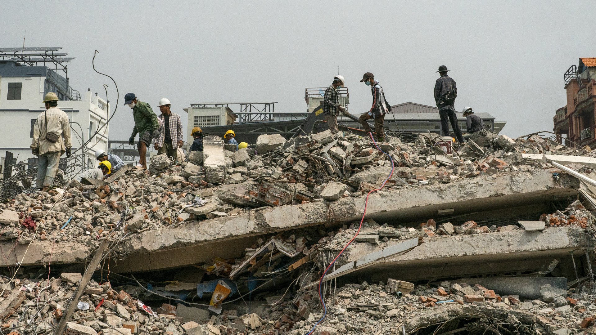 A view of the damaged buildings and ongoing debris cleanup efforts aftermath of a powerful 7.7 magnitude earthquake that struck central Myanmar late last month, leaving a trail of destruction across the region, on April 08, 2025. 