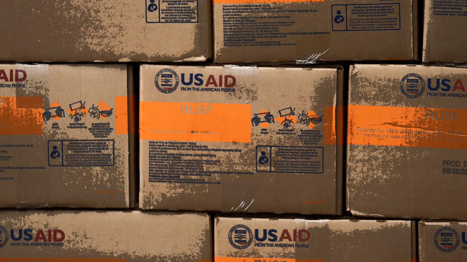 Stylised illustration of USAID boxes containing humanitarian aid for Venezuela are seen at a warehouse near the Tienditas cross-border bridge between Colombia and Venezuela in Cucuta, Colombia, February 8, 2019.