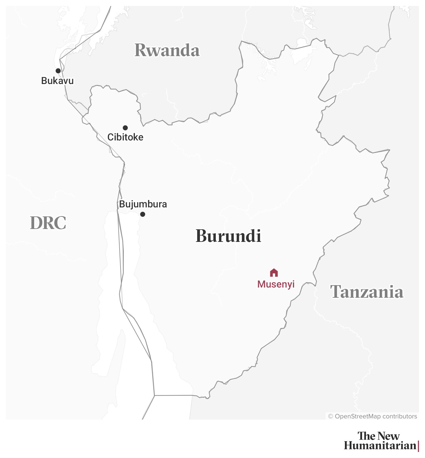 A map of Burundi and the eastern region of the Democratic Republic of the Congo with locators on Bukavu, Cibitoke, Bujumbura, and Musenyi.