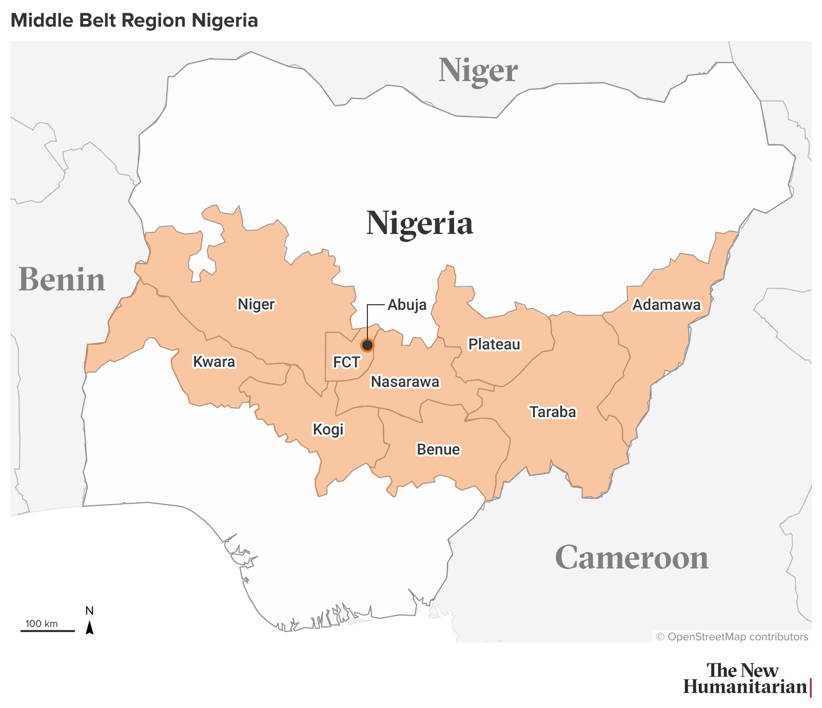 A map of Nigeria highlighting in orange the region known as the Middle Belt.