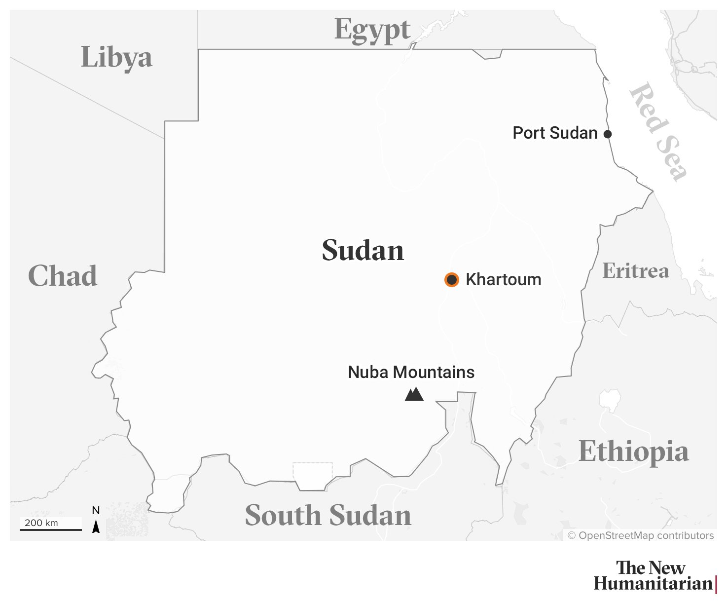 Map of Sudan showing: Khartoum (capital, marked with an orange dot), Port Sudan on the Red Sea coast, with a black dot. The Nuba Mountains are marked too. Surrounding countries: Egypt, Libya, Chad, South Sudan, Ethiopia, and Eritrea are labeled. The Red Sea is labeled too.