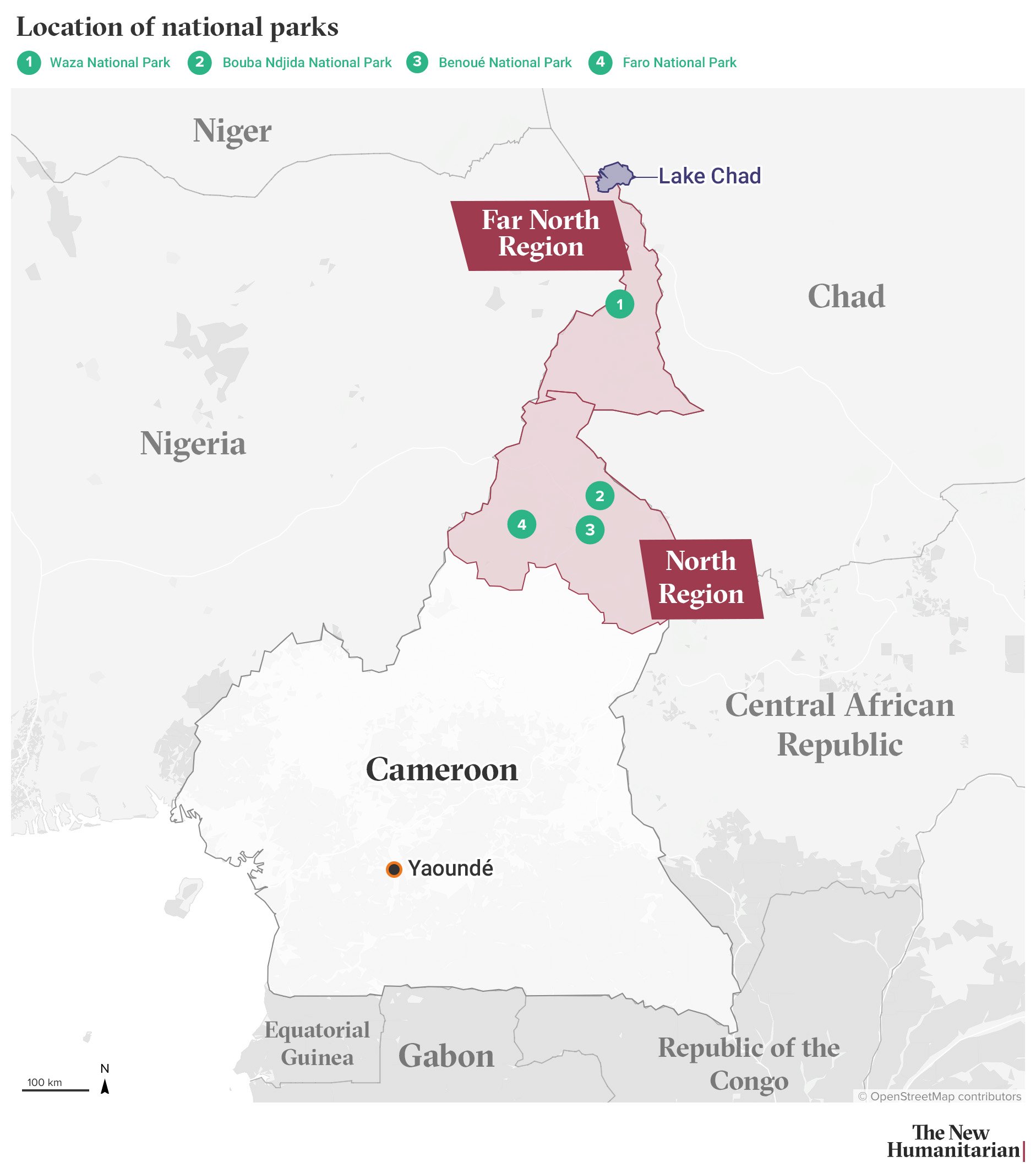 Map of Cameroon showing the location of: Waza National Park in the Far North Region near Lake Chad. In the North Region, Bouba Ndjida National Park lies further south, followed by Bénoué National Park, and then Faro National Park to the southwest of Bénoué. The map includes neighboring countries: Nigeria to the west, Chad to the northeast, the Central African Republic to the east, and further south, the Republic of the Congo, Gabon, and Equatorial Guinea. Yaoundé, the capital of Cameroon, is marked.