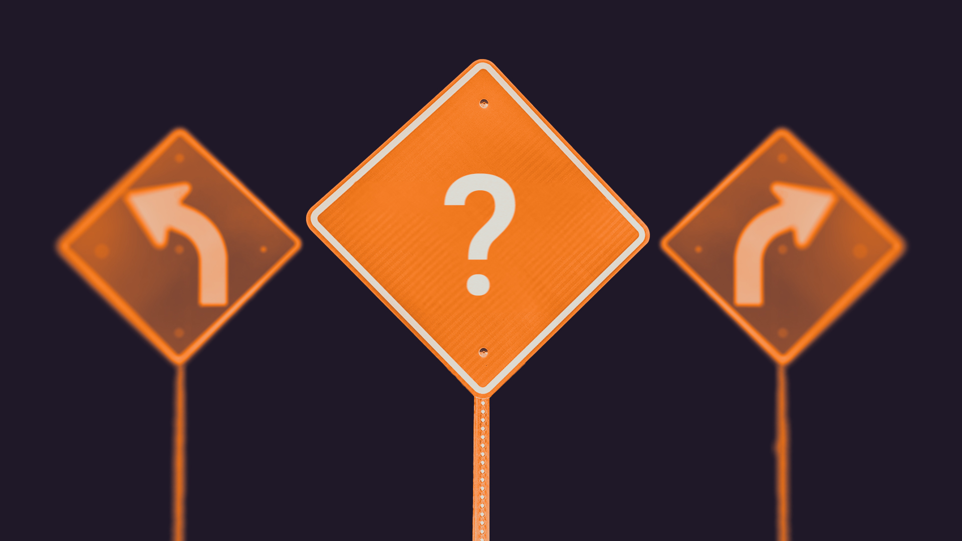 An illustration features three orange diamond-shaped road signs against a dark background. The left sign shows a left curve arrow, the right sign shows a right curve arrow, and the center sign displays a large white question mark.