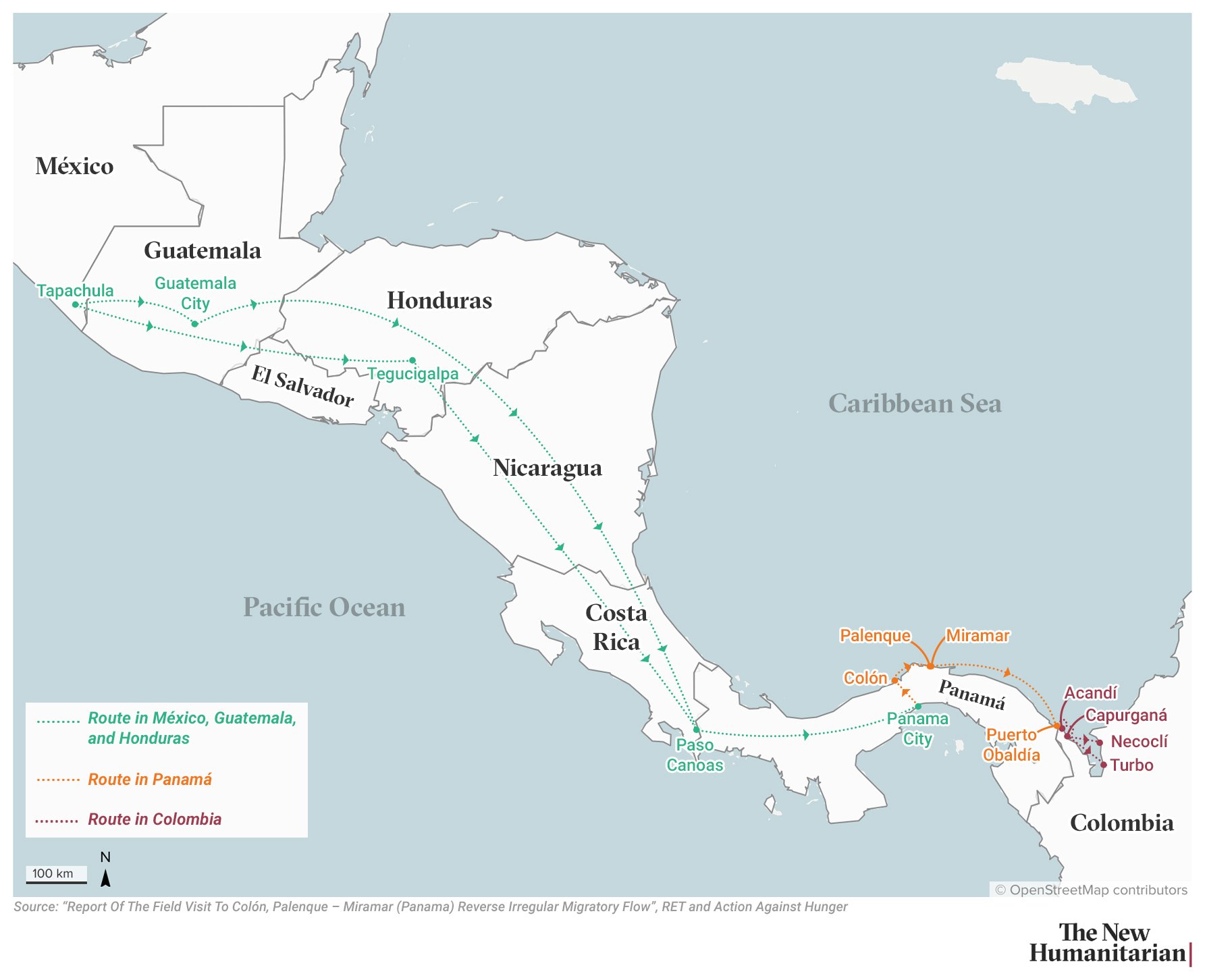 Map showing reverse irregular migration routes from Colombia through Panama, Costa Rica, Nicaragua, Honduras, El Salvador, Guatemala, to Tapachula, Mexico. Arrows trace migrant paths through key points: Turbo, Necoclí, Acandí, Capurganá, Puerto Obaldía, Colón, Panama City, Paso Canoas, Tegucigalpa, and Guatemala City. Routes are color-coded by country. The map includes coastlines of the Caribbean Sea and Pacific Ocean and uses dotted arrows to indicate direction of movement.