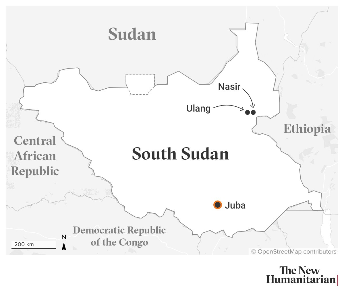 Map of South Sudan highlighting key locations: Juba (capital, marked with an orange dot) in the south, and Nasir and Ulang (black dots) near the eastern border with Ethiopia. Neighbouring countries shown include Sudan, Ethiopia, Central African Republic, and the Democratic Republic of the Congo.