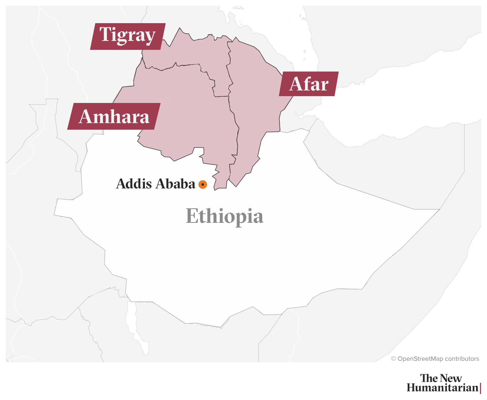 Map of Ethiopia showing Tigray, Amhara, and Afar regions as well as Addis Ababa