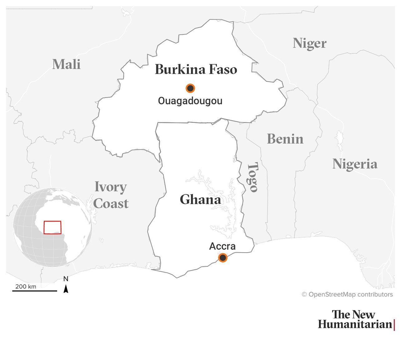 A map showing Burkina Faso and Ghana along with locator dots for both of their capital cities: Ouagadougou for Burkina Faso and Accra for Ghana.