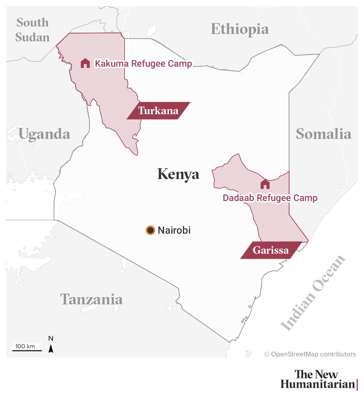 Map of Kenya showing locations of two major refugee camps: Kakuma Refugee Camp in Turkana County, near the South Sudan and Uganda borders, and Dadaab Refugee Camp in Garissa County, close to the Somalia border. Nairobi, Kenya’s capital, is marked centrally. Neighboring countries Ethiopia, Somalia, Uganda, South Sudan, and Tanzania are labeled. Map includes a north arrow and scale bar (100 km).