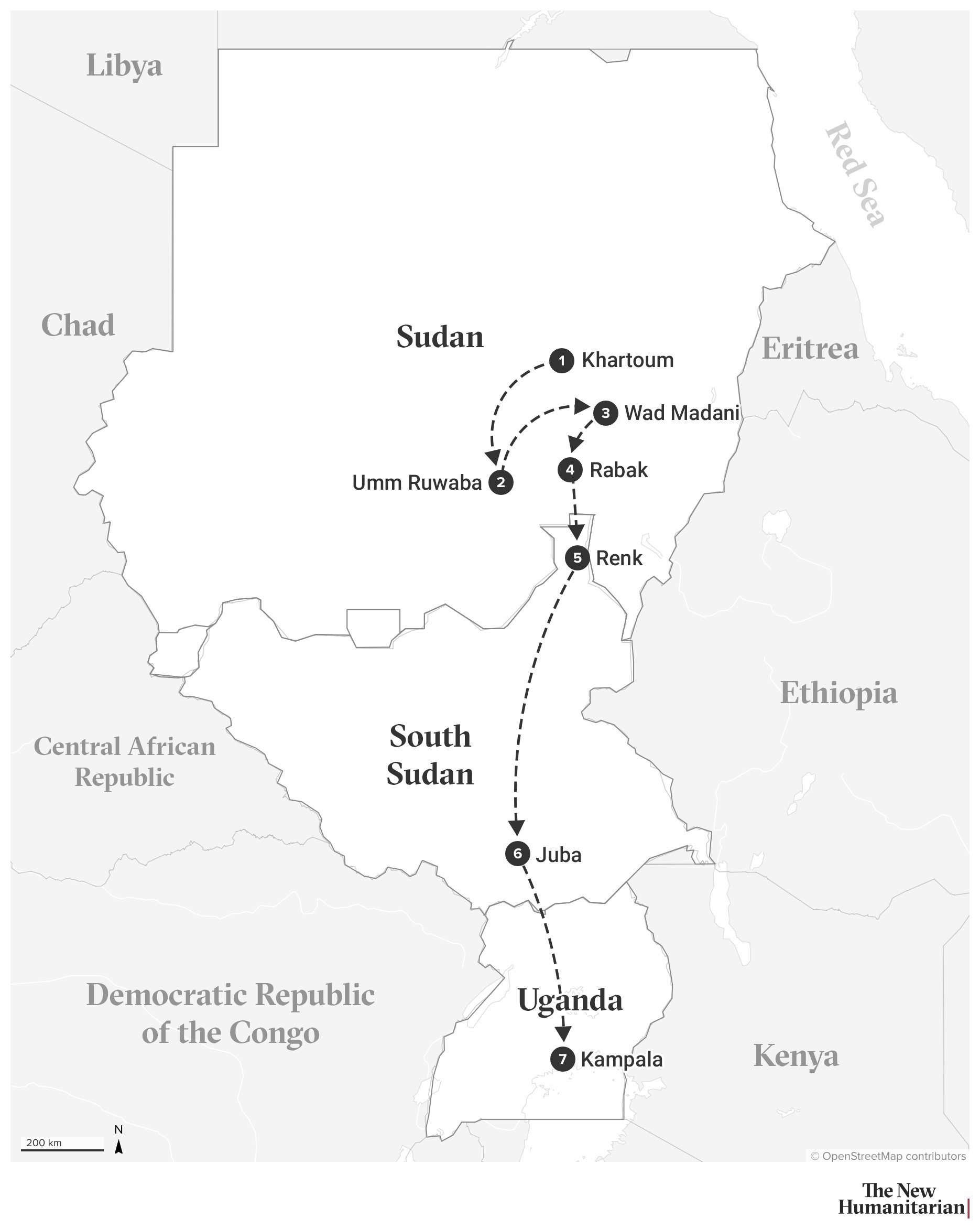 A map showing a displacement route from Khartoum, Sudan, to Kampala, Uganda. The journey passes through multiple cities in Sudan — Khartoum (1), Umm Ruwaba (2), Wad Madani (3), Rabak (4), and Renk (5). It continues south into South Sudan with a stop in Juba (6), and finally ends in Kampala, Uganda (7). The route is marked with dashed arrows showing movement direction. Neighbouring countries like Chad, Ethiopia, Kenya, and the DRC are labeled.