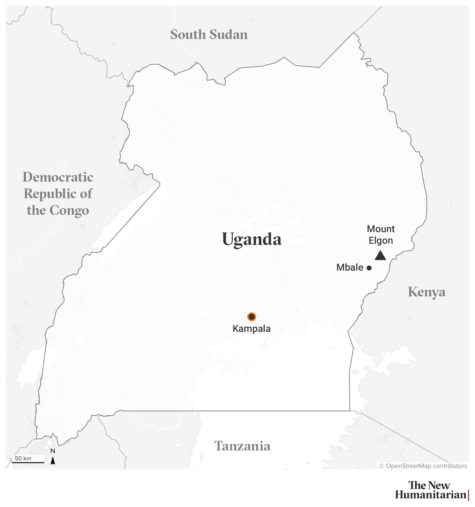 A map of Uganda with locator dots on the capital, Kampala, Mbale (a city in the east) and Mount Elgon.